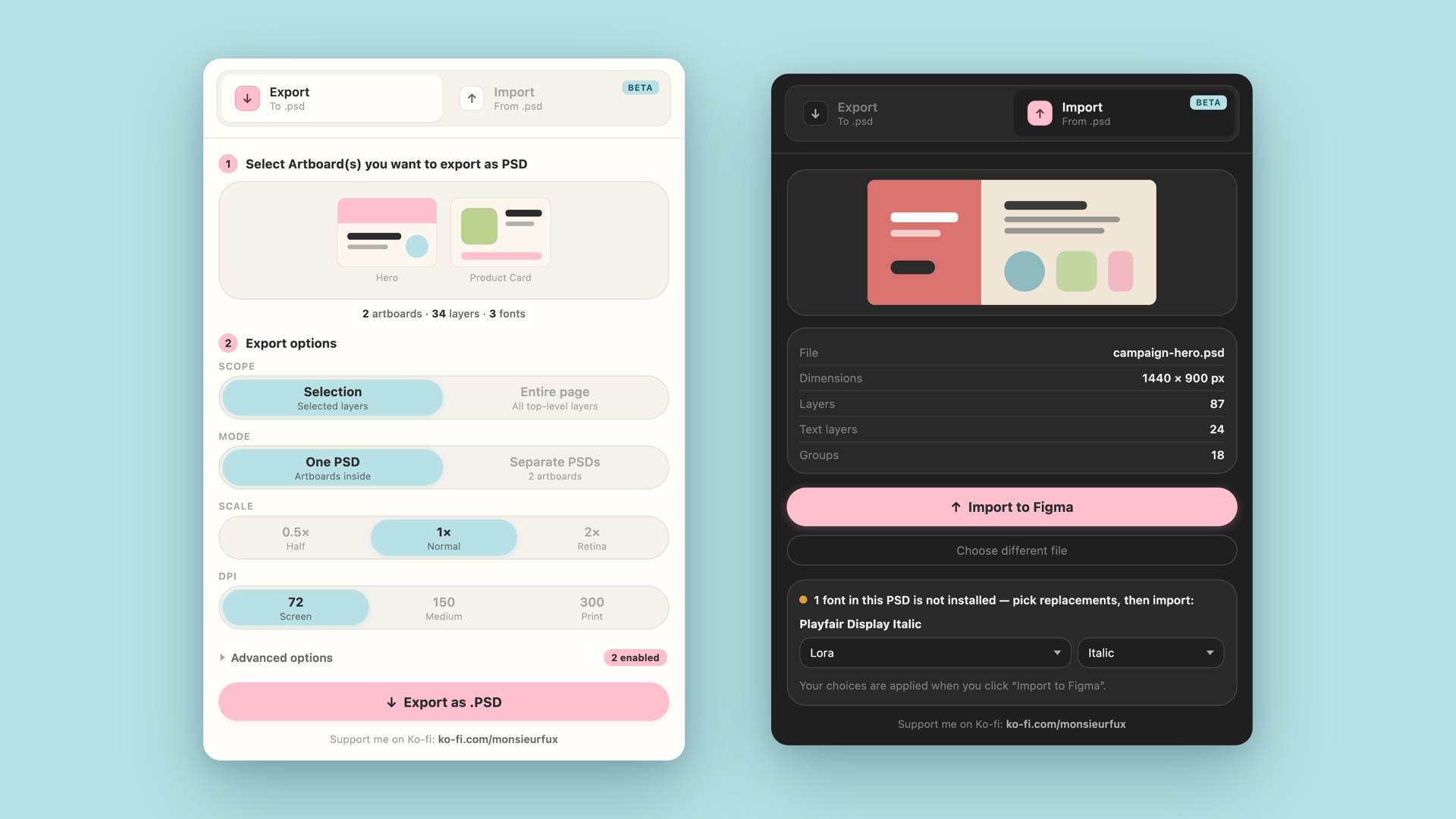 PSD Exporter & Importer: Export- und Import-Oberfläche des Figma-Plugins